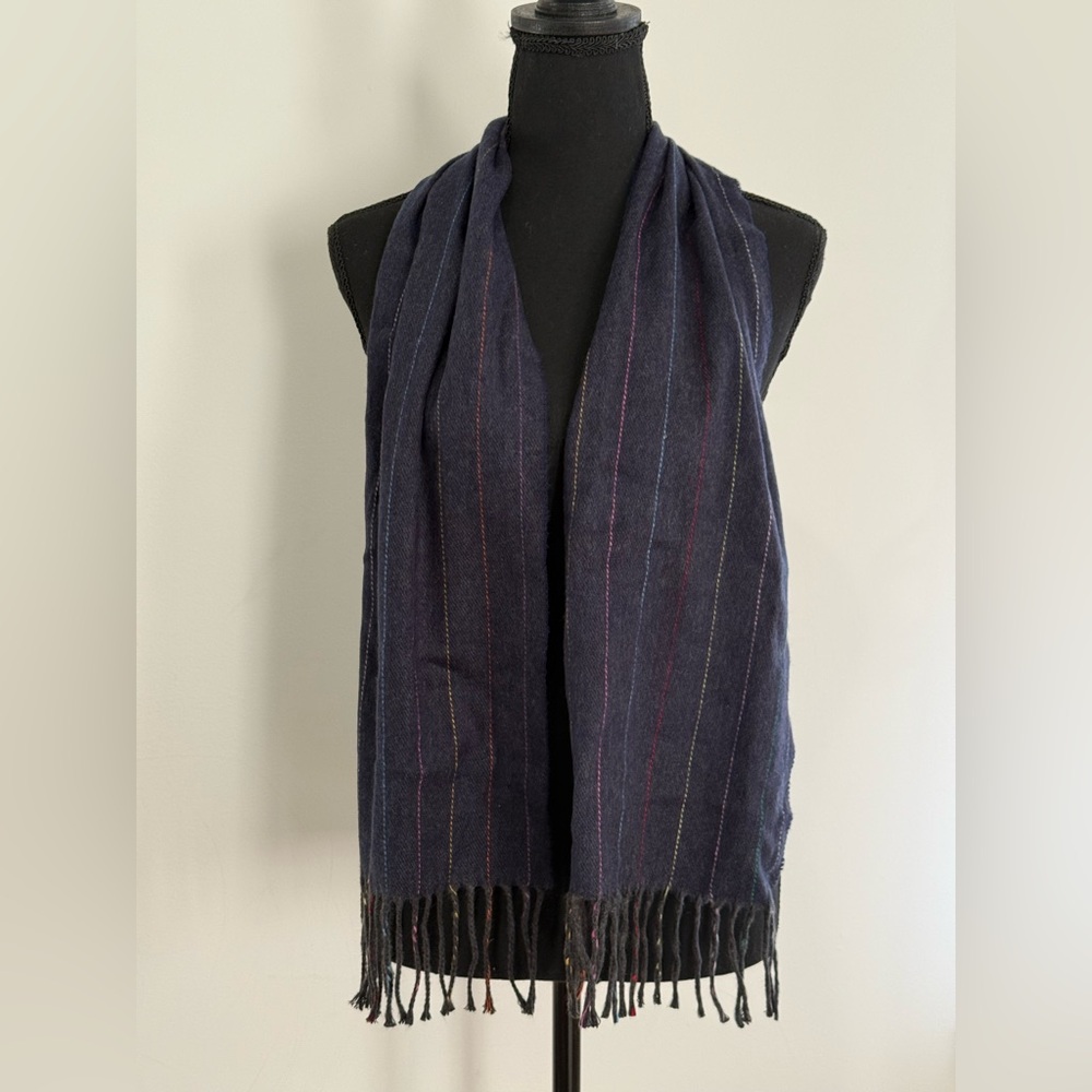Geoffrey Beene Navy Striped Scarf with Fringe Made in Italy 729
